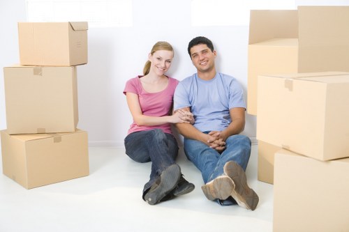 Professional movers handling access challenges in a modern apartment building
